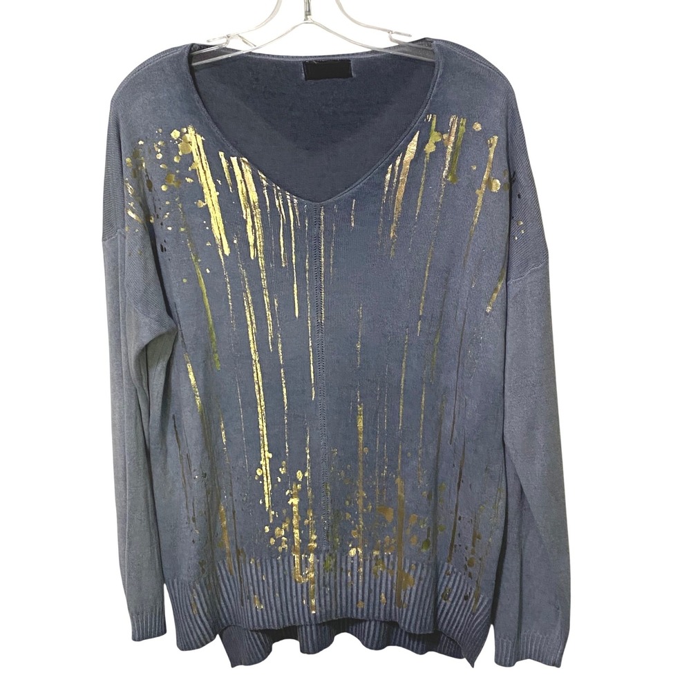 Bella Amore Knit Sweater Gold Foil Splatter Paint L Blue Artsy Boho Grunge Italy